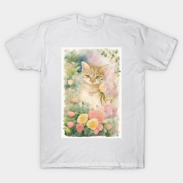 Tabby Cat in the Flower Garden T-Shirt by Stades